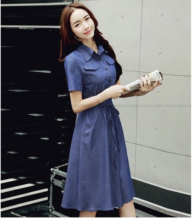 ĐẦM JEAN XÒE CỔ SƠ MI THẮT NƠ EO